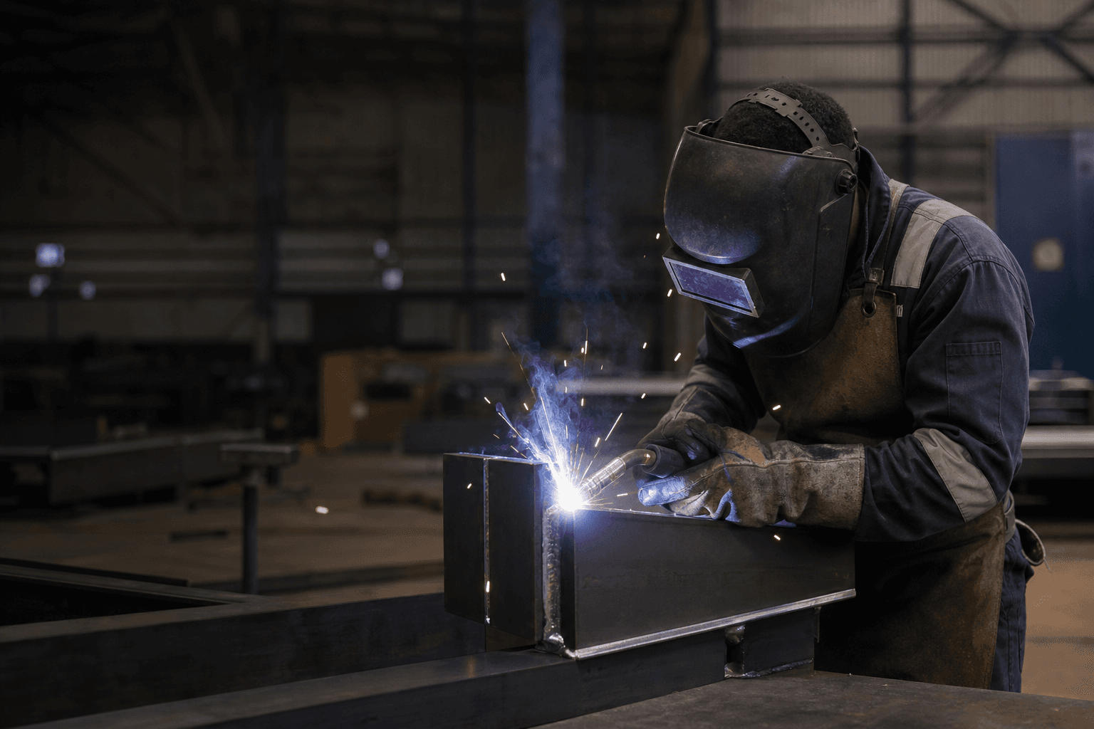 Steel fabricator welding a structural steel section in a workshop
